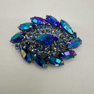 Vintage Aurora Borealis Blue Rhinestone Navette Cluster Brooch Pin Silver Tone